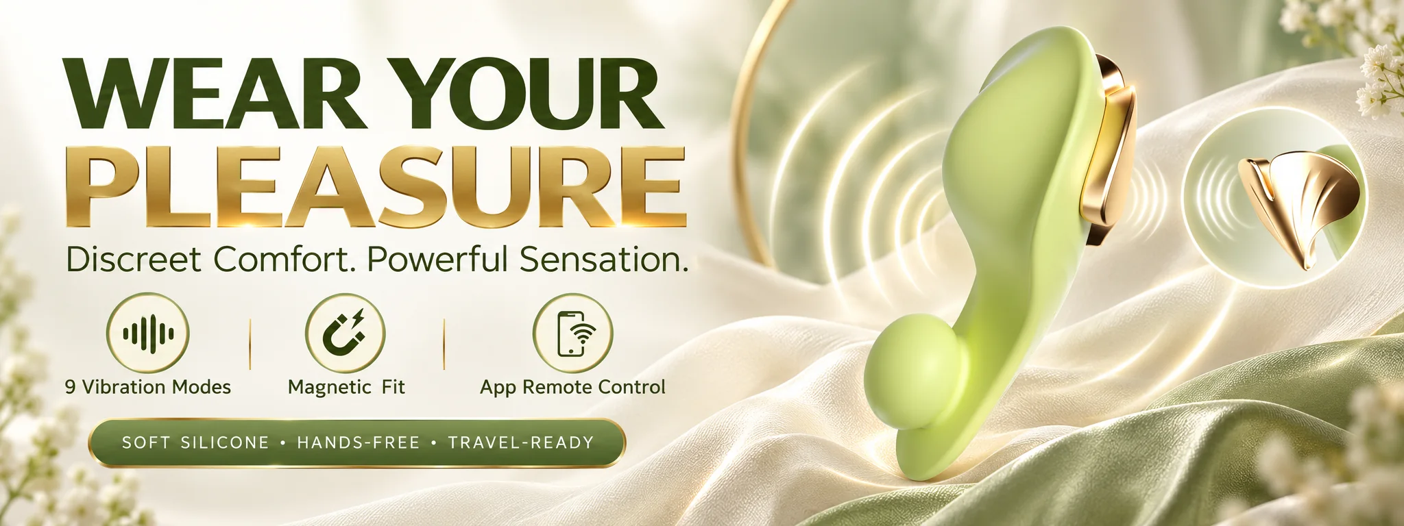 Green wearable pleasure product with vibration, magnetic fit and app control